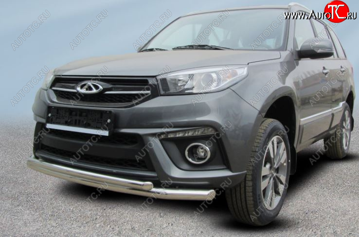 13 899 р. Защита переднего бампера Slitkoff (Ø 57 и 42 мм). Chery Tiggo 3 (2014-2020) (Полированная нержавеющая сталь)  с доставкой в г. Вологда
