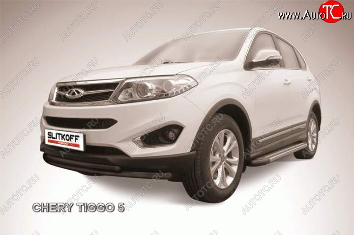 8 599 р. Защита переднего бампера Slitkoff (трубы, d57/d42) Chery Tiggo 5 (T21) дорестайлинг (2014-2017) (Цвет: серебристый)  с доставкой в г. Вологда