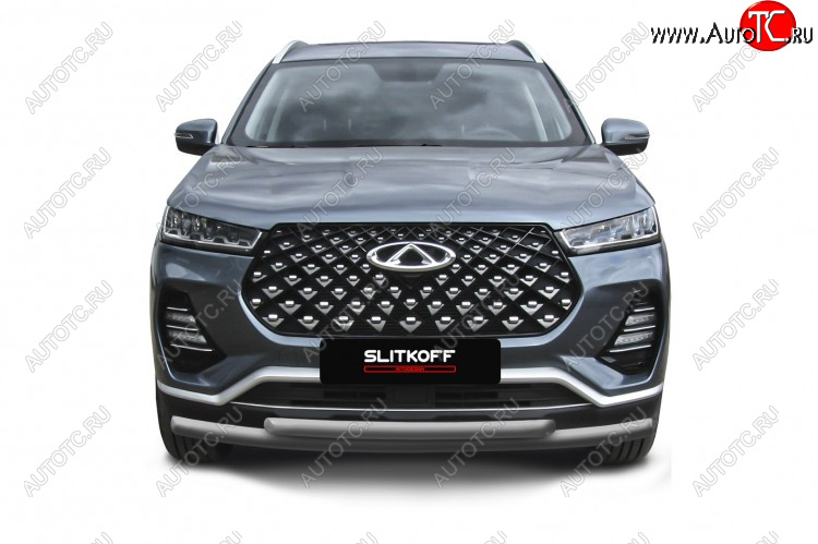9 899 р. Защита переднего бампера Slitkoff (Ø 57+Ø 42 мм). Chery Tiggo 7 Pro Max T1E дорестайлинг (2022-2025) (Цвет: серебристый)  с доставкой в г. Вологда