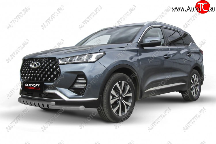 11 999 р. Защита переднего бампера Slitkoff (Ø 57+Ø 42 мм). Chery Tiggo 7 Pro Max T1E дорестайлинг (2022-2025) (Цвет: серебристый)  с доставкой в г. Вологда