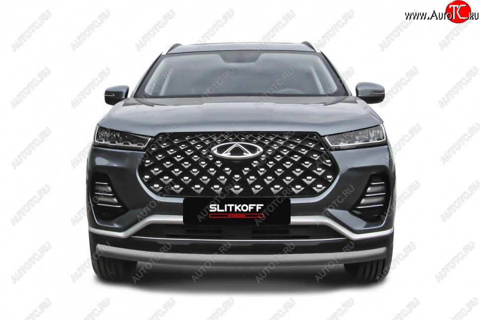 8 299 р. Защита переднего бампера Slitkoff (Ø 57 мм). Chery Tiggo 7 Pro Max T1E дорестайлинг (2022-2025) (Цвет: серебристый)  с доставкой в г. Вологда