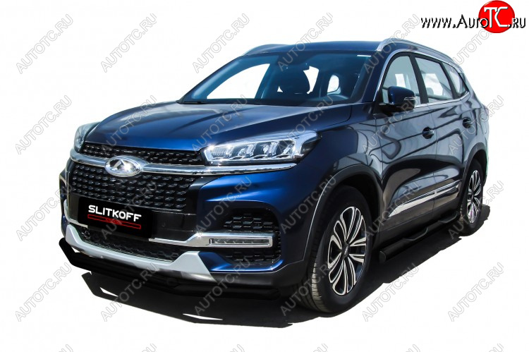 9 699 р. Защита переднего бампера Slitkoff (Ø 57+Ø 42). Chery Tiggo 8 1 T18 рестайлинг (2019-2023) (Цвет: черный)  с доставкой в г. Вологда