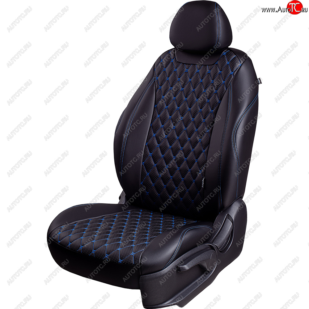 10 499 р. Чехлы для сидений Lord Autofashion Турин Ромб (экокожа, спинка и сиденья 60/40, 2 П-образных подголовника) Vortex Tingo рестайлинг (2012-2014) (Черный, вставка черная, строчка синяя)  с доставкой в г. Вологда