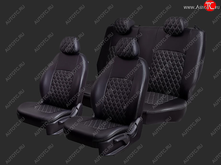 7 849 р. Чехлы для сидений Lord Autofashion Турин Ромб (экокожа, спинка 60/40, 2 Г-образных подголовника) Chevrolet Cobalt седан дорестайлинг (2011-2016) (Черный, вставка черная, строчка серая)  с доставкой в г. Вологда