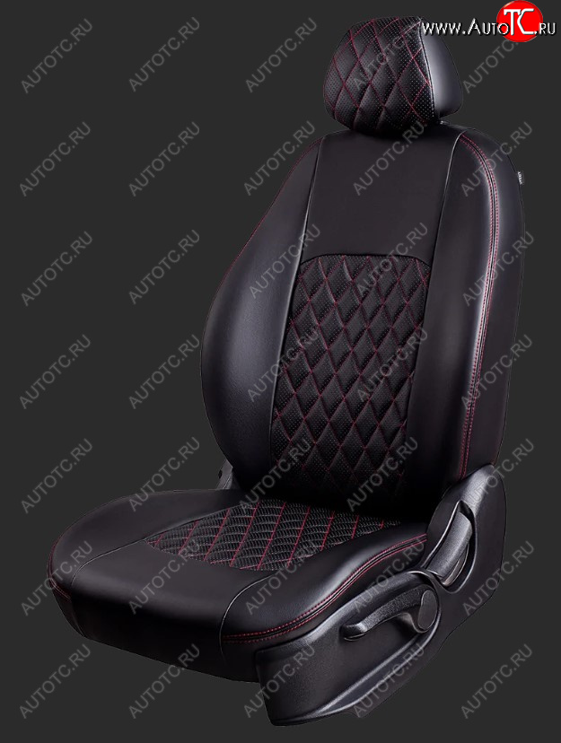 7 849 р. Чехлы для сидений Lord Autofashion Турин Ромб (экокожа, спинка 60/40, 2 Г-образных подголовника) Chevrolet Cobalt седан дорестайлинг (2011-2016) (Черный, вставка черная, строчка красная)  с доставкой в г. Вологда