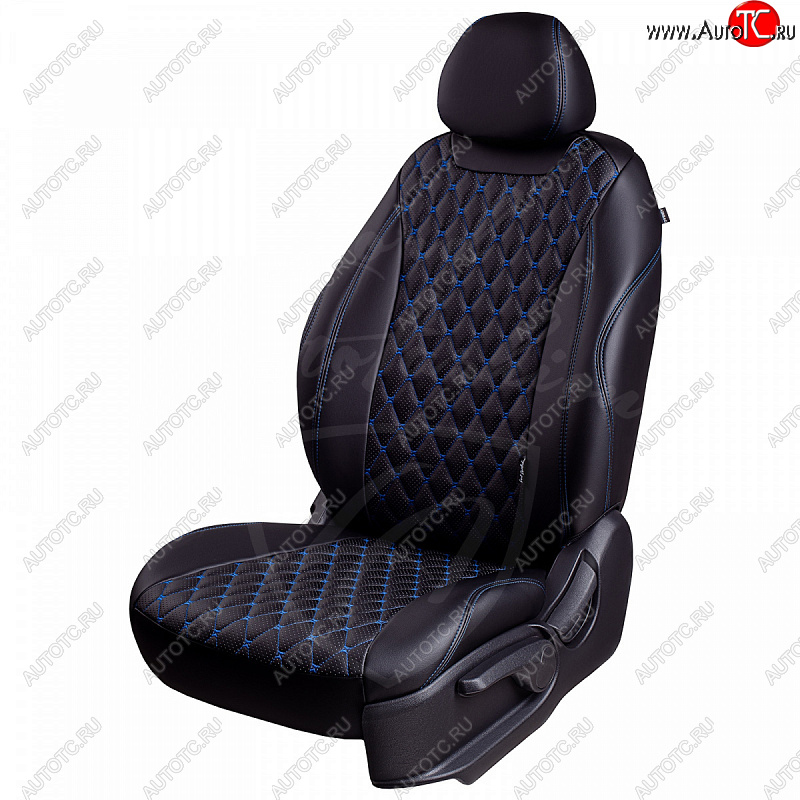 13 949 р. Чехлы для сидений Lord Autofashion Байрон (экокожа, раздельная спинка, 2П+1Г-образные подголовники) Chevrolet Cruze J305 хэтчбек дорестайлинг (2009-2012) (Черный, вставка черная, строчка синяя)  с доставкой в г. Вологда