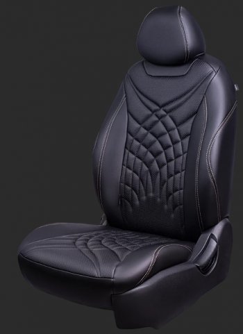 Чехлы для сидений Lord Autofashion Байрон ЖУК (экокожа, спинка 60/40, 2 П- и 1 Г-образных подголовника) Chevrolet Cruze J305 хэтчбек дорестайлинг (2009-2012) (Черный, вставка черная, строчка бежевая)