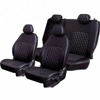 7 199 р. Чехлы для сидений Lord Autofashion Турин Ромб (экокожа, 60/40, 2 П- и 1 Г-образных подголовника) Chevrolet Cruze J300 седан рестайлинг (2012-2015) (Черный, вставка черная, строчка серая)  с доставкой в г. Вологда. Увеличить фотографию 2