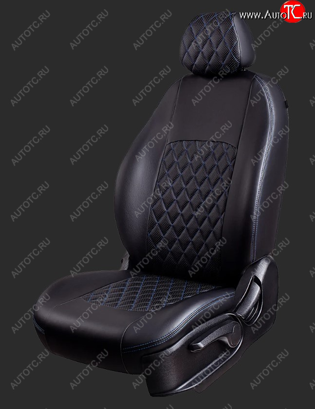 7 199 р. Чехлы для сидений Lord Autofashion Турин Ромб (экокожа, спинка 60/40, 2 горба) Chevrolet Lanos T100 седан (2002-2017) (Черный, вставка черная, строчка синяя)  с доставкой в г. Вологда