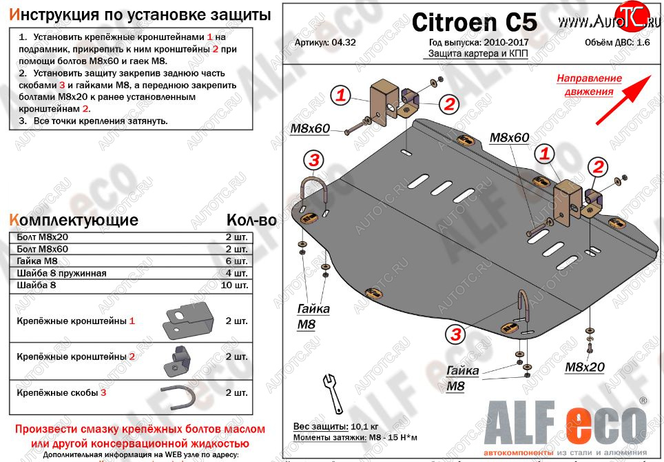 4 499 р. Защита картера двигателя и КПП (V-1,6MT) Alfeco CITROEN C5 RW доресталийнг, универсал (2008-2017) (Сталь 2 мм)  с доставкой в г. Вологда