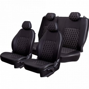 10 499 р. Чехлы для сидений Lord Autofashion Турин Ромб (экокожа, спинка и сиденье 60/40, 3 Г-образных подголовника)  Datsun on-DO (2019-2021) седан рестайлинг (Черный, вставка черная, строчка бежевая)  с доставкой в г. Вологда. Увеличить фотографию 2