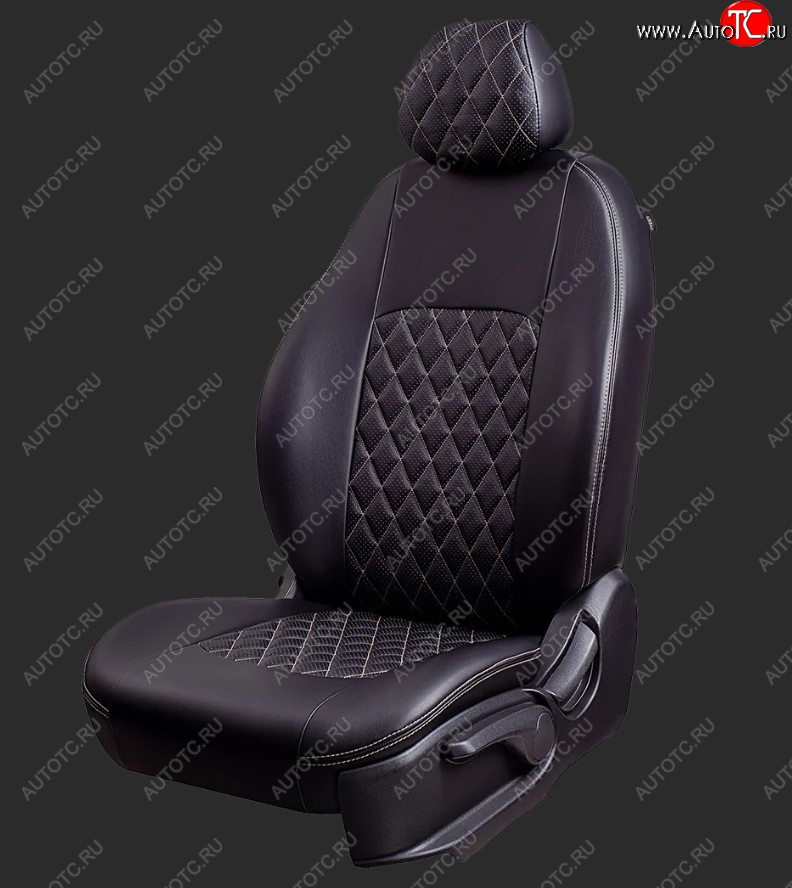 7 199 р. Чехлы для сидений Lord Autofashion Турин Ромб (экокожа, спинка и сиденье 60/40, 3 Г-образных подголовника) Ford EcoSport дорестайлинг (2013-2019) (Черный, вставка черная, строчка бежевая)  с доставкой в г. Вологда