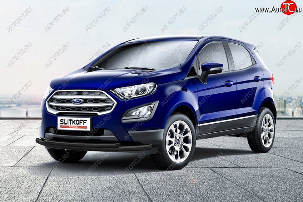 10 299 р. Защита переднего бампера Slitkoff (двойная, d57/42) Ford EcoSport B515 рестайлинг (2017-2019) (Сталь с полимерным покрытием. Цвет: чёрный)  с доставкой в г. Вологда