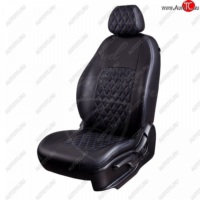 7 199 р. Чехлы для сидений Lord Autofashion Турин Ромб (экокожа) Ford Focus 2 хэтчбэк 3 дв. дорестайлинг (2004-2007) (Черный, вставка черная, строчка синяя)  с доставкой в г. Вологда
