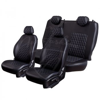 7 199 р. Чехлы для сидений Lord Autofashion Турин Ромб (экокожа) Ford Focus 2 хэтчбэк 3 дв. дорестайлинг (2004-2007) (Черный, вставка черная, строчка синяя)  с доставкой в г. Вологда. Увеличить фотографию 4