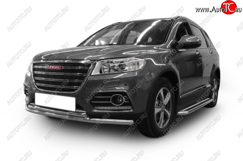 8 999 р. Защита переднего бампера Slitkoff (Ø 57+Ø 57). Haval H2 (2014-2021) (Цвет: серебристый)  с доставкой в г. Вологда