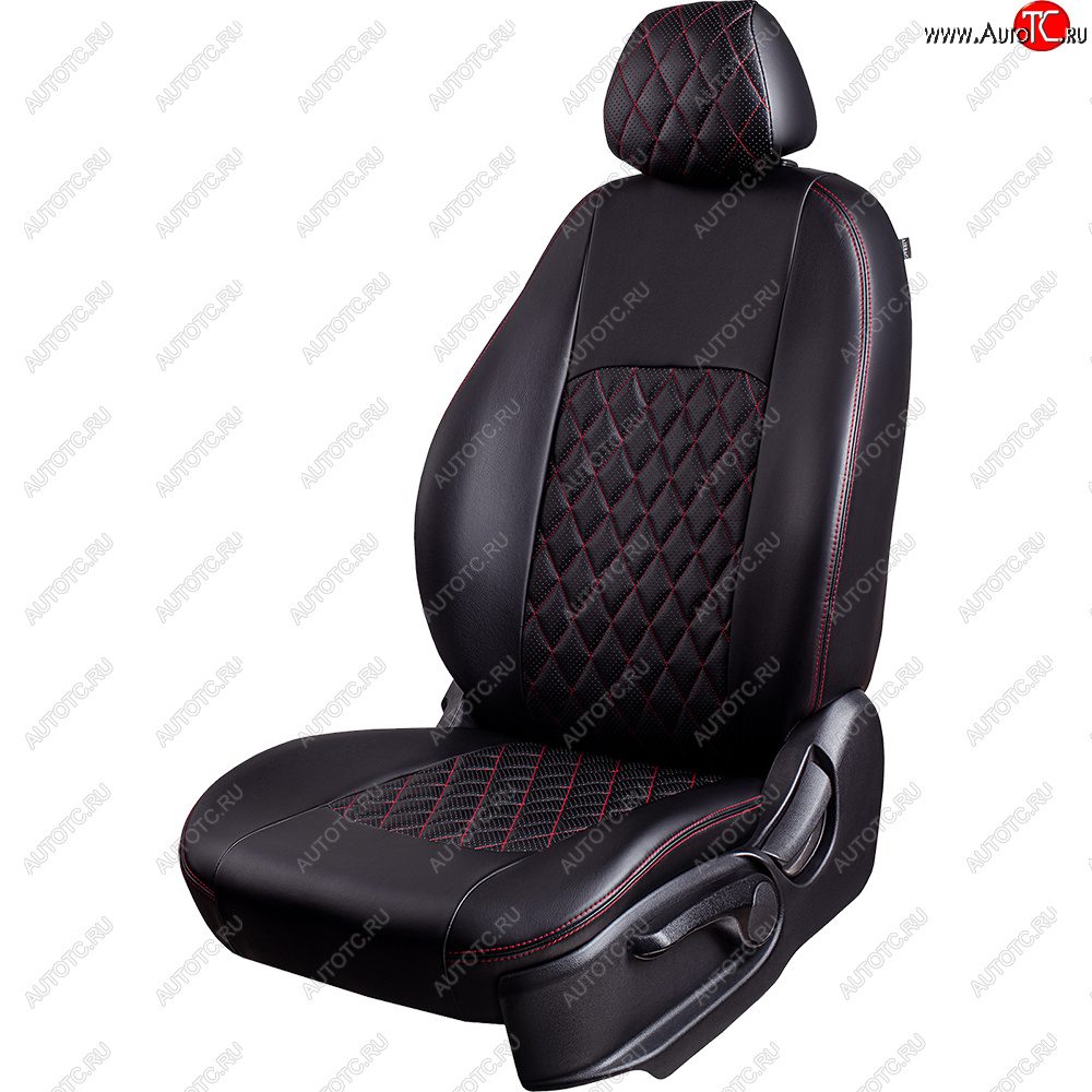 7 199 р. Чехлы для сидений Lord Autofashion Турин Ромб (экокожа, спинка и сиденье 60/40, 2 П- и 1 Г-образных подголовника) Honda CR-V RM1,RM3,RM4 рестайлинг (2014-2018) (Черный, вставка черная, строчка красная)  с доставкой в г. Вологда