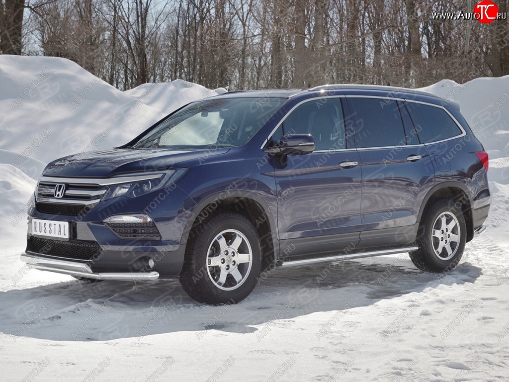 17 299 р. Защита переднего бампера (2 трубы Ø63 и 75х42 мм, нержавейка) Russtal Honda Pilot YF6 дорестайлинг (2016-2019)  с доставкой в г. Вологда