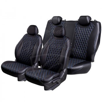13 949 р. Чехлы для сидений Lord Autofashion Байрон (экокожа, раздельная спинка, с подлокотником, 2 П + 1 Г-образные подголовники) Hyundai Elantra AD дорестайлинг (2016-2019) (Черный, вставка черная, строчка синяя)  с доставкой в г. Вологда. Увеличить фотографию 7