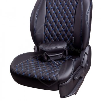 13 949 р. Чехлы для сидений Lord Autofashion Байрон (экокожа, раздельная спинка, с подлокотником, 2 П + 1 Г-образные подголовники) Hyundai Elantra AD дорестайлинг (2016-2019) (Черный, вставка черная, строчка синяя)  с доставкой в г. Вологда. Увеличить фотографию 3