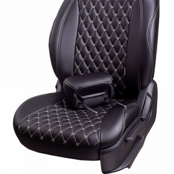 10 899 р. Чехлы для сидений Lord Autofashion Байрон (экокожа, сиденья и спинка 60/40, 3 Г-образных подголовника) Hyundai I30 2 GD дорестайлинг, хэтчбэк 5 дв. (2011-2015) (Черный, вставка черная, строчка бежевая)  с доставкой в г. Вологда. Увеличить фотографию 3