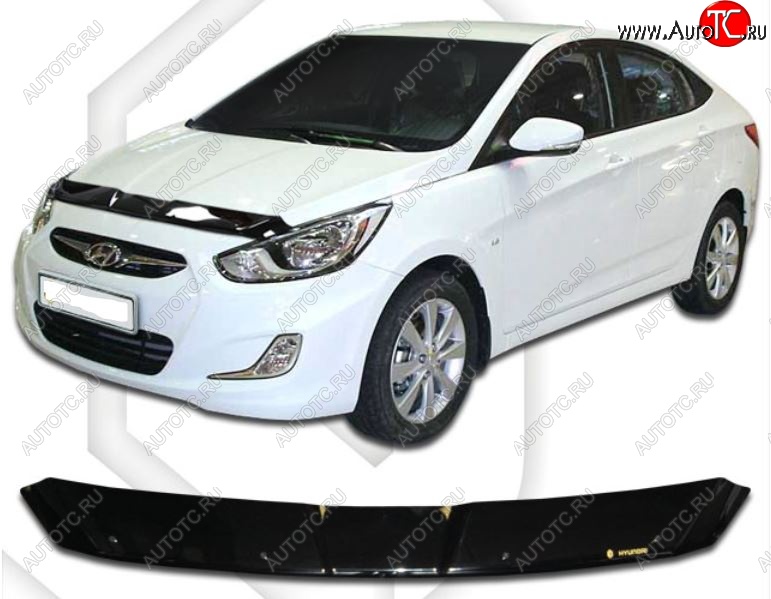 1 899 р. Дефлектор капота CA-Plastiс  Hyundai Solaris  RBr (2010-2014) седан дорестайлинг (Classic черный, Без надписи)  с доставкой в г. Вологда