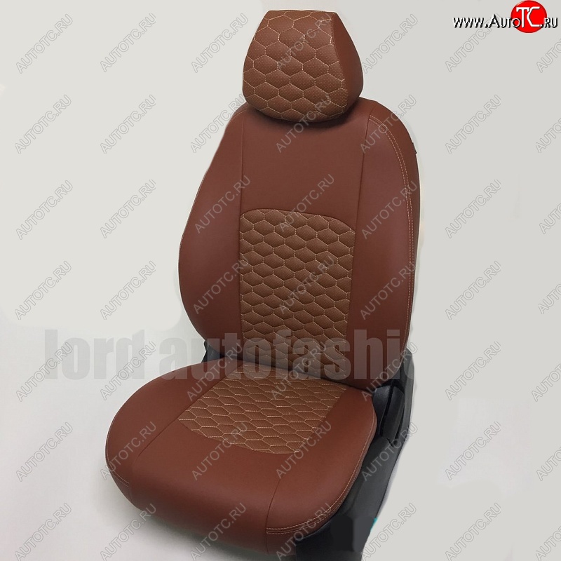 6 299 р. Чехлы для сидений Lord Autofashion Турин Соты (экокожа) Hyundai Solaris RBr седан рестайлинг (2014-2017) (Коричневый, вставка коричневая, строчка бежевая)  с доставкой в г. Вологда