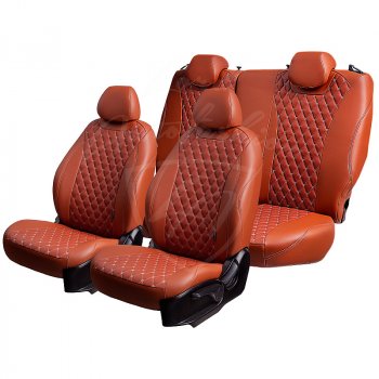 14 699 р. Чехлы для сидений Lord Autofashion Байрон (экокожа, раздельная спинка, 2 П+ 1 Г-образных подголовника) Hyundai Tucson TL дорестайлинг (2015-2018) (Коричневый, вставка коричневая, строчка бежевая)  с доставкой в г. Вологда. Увеличить фотографию 2