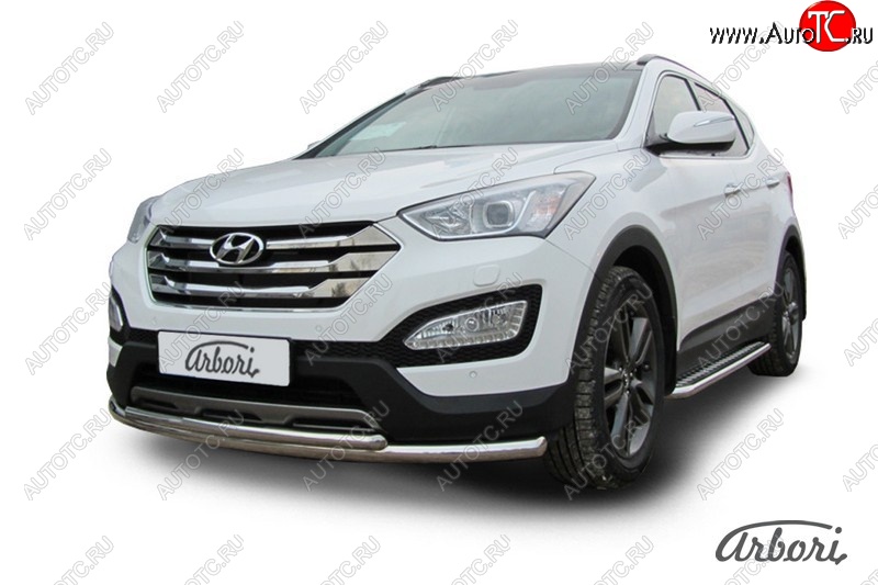 13 229 р. Защита переднего бампера Arbori (нержавейка, 2 трубы d57 и 42 mm) Hyundai Santa Fe DM дорестайлинг (2012-2016)  с доставкой в г. Вологда
