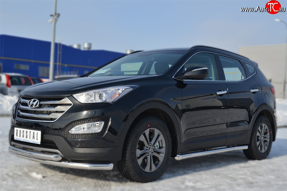 12 299 р. Защита порогов из круглой трубы диаметром 63 мм Russtal Hyundai Santa Fe DM дорестайлинг (2012-2016) (Защита порогов с со скосами на торцах (вариант 1))  с доставкой в г. Вологда
