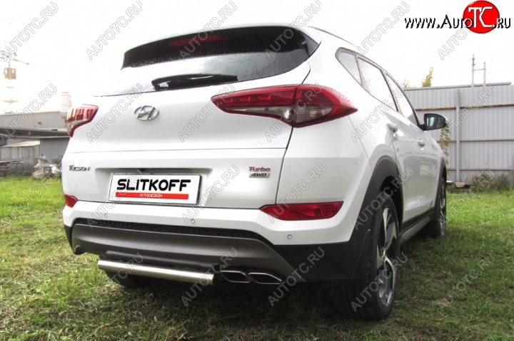 7 999 р. Защита заднего бампера из короткой трубы диаметром 57 мм Slitkoff Hyundai Tucson TL дорестайлинг (2015-2018) (Нержавейка, Полированная)  с доставкой в г. Вологда