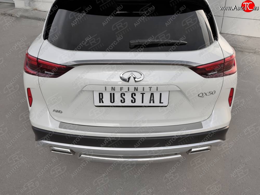 1 479 р. Защитная накладка на задний бампер Russtal (нержавейка зеркальная) INFINITI Qx50 J55 (2017-2022)  с доставкой в г. Вологда