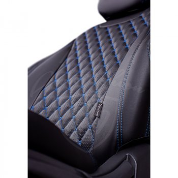 13 949 р. Чехлы для сидений Lord Autofashion Байрон (экокожа, раздельная спинка, 2 П+1 Г-образных подголовника) KIA Cerato 3 YD дорестайлинг седан (2013-2016) (Черный, вставка черная, строчка синяя)  с доставкой в г. Вологда. Увеличить фотографию 3