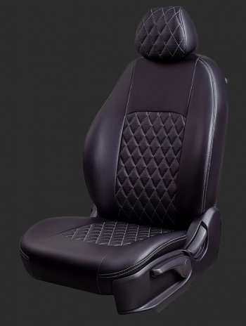 Чехлы для сидений Lord Autofashion Турин Ромб (экокожа, спинка 40/60, 3 П-образных подголовника) KIA Cerato  4 BD (2018-2025) дорестайлинг седан, дорестайлинг, хэтчбэк, рестайлинг седан (Черный, вставка черная, строчка серая)