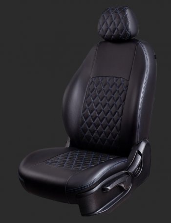 Чехлы для сидений Lord Autofashion Турин Ромб (экокожа, спинка 40/60, 3 П-образных подголовника) KIA Cerato  4 BD (2018-2025) дорестайлинг седан, дорестайлинг, хэтчбэк, рестайлинг седан (Черный, вставка черная, строчка синяя)