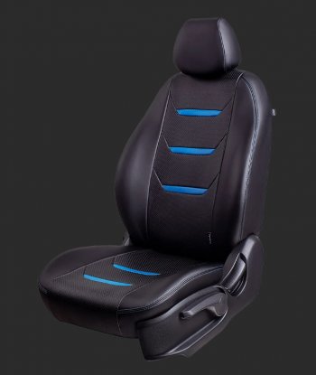 Чехлы для сидений Lord Autofashion Турин 2 (экокожа, спинка 60/40, 3 Г-образных подголовника) KIA Rio 4 FB дорестайлинг седан (2016-2020) (Черный, вставка черная/синяя, строчка синяя)