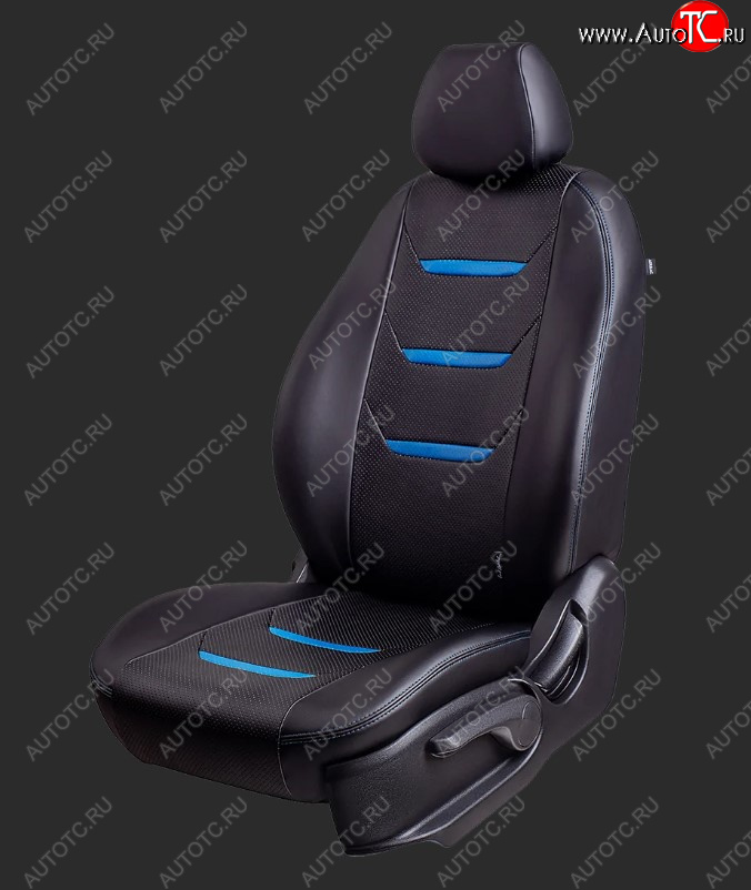 10 299 р. Чехлы для сидений Lord Autofashion Турин 2 (экокожа, спинка 60/40, 3 Г-образных подголовника) KIA Rio 4 FB дорестайлинг седан (2016-2020) (Черный, вставка черная/синяя, строчка синяя)  с доставкой в г. Вологда