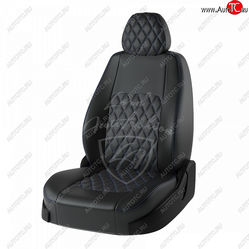 7 199 р. Чехлы для сидений Lord Autofashion Турин Ромб (экокожа) KIA Soul PS рестайлинг (2017-2019) (Черный, вставка черная, строчка синяя)  с доставкой в г. Вологда