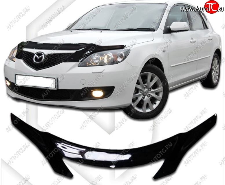 2 599 р. Дефлектор капота CA-Plastiс  Mazda 3/Axela  BK (2003-2009) дорестайлинг, хэтчбэк, рестайлинг, хэтчбэк (Classic черный, Без надписи)  с доставкой в г. Вологда