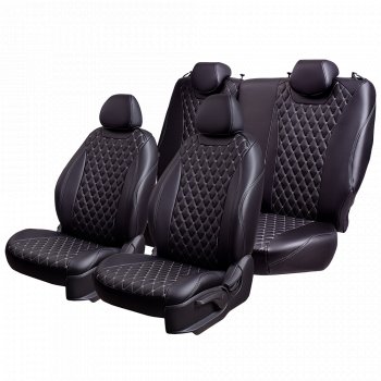 13 949 р. Чехлы для сидений Lord Autofashion Байрон (экокожа, 60/40, подлокотник, отдельные бока, 3 Г-образных подголовника) Mazda 6 GH дорестайлинг седан (2007-2010) (Черный, вставка черная, строчка серая)  с доставкой в г. Вологда. Увеличить фотографию 2