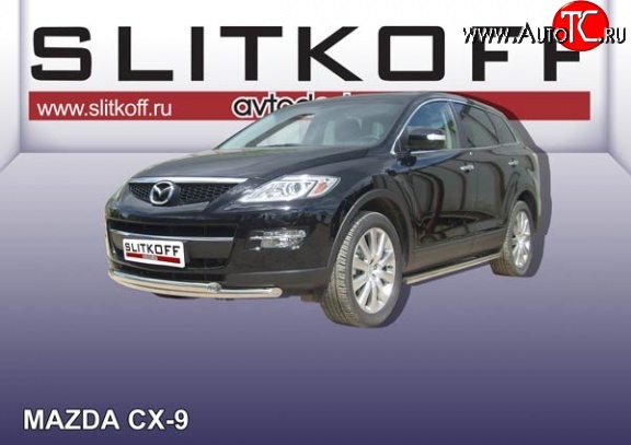 14 749 р. Двойная защита переднего бампера из труб диаметрами по 57 мм Slitkoff Mazda CX-9 TB дорестайлинг (2007-2009) (Нержавейка, Полированная)  с доставкой в г. Вологда