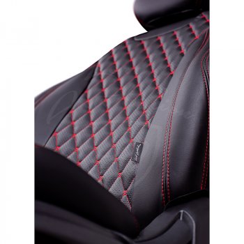 13 949 р. Чехлы для сидений Lord Autofashion Байрон (экокожа, раздельная спинка 40/20/40, подлокотник, 3 Г-образных подголовника) Mazda CX-5 KF (2016-2025) (Черный, вставка черная, строчка красная)  с доставкой в г. Вологда. Увеличить фотографию 3
