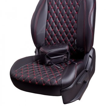 13 949 р. Чехлы для сидений Lord Autofashion Байрон (экокожа, раздельная спинка 40/20/40, подлокотник, 3 Г-образных подголовника) Mazda CX-5 KF (2016-2025) (Черный, вставка черная, строчка красная)  с доставкой в г. Вологда. Увеличить фотографию 5