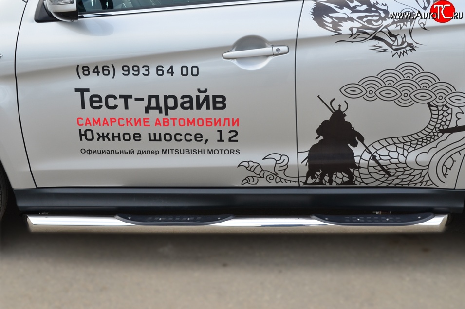 83 999 р. Защита порогов с пластиковыми вставками для ног из круглой трубы диаметром 76 мм Russtal  Mitsubishi ASX (2013-2016) 1-ый рестайлинг (Защита порогов с со скосами на торцах (вариант 1))  с доставкой в г. Вологда