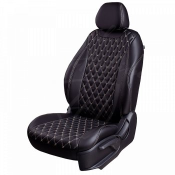 19 649 р. Чехлы для сидений Lord Autofashion Байрон (экокожа, раздельная спинка, 3 Г-образных подголовника) Mitsubishi ASX дорестайлинг (2010-2012) (Черный, вставка черная, строчка бежевая)  с доставкой в г. Вологда. Увеличить фотографию 2
