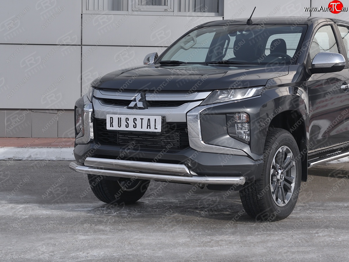 16 549 р. Защита переднего бампера (2 трубы Ø63 и 75х42 мм, нержавейка) Russtal Mitsubishi L200 5 KK,KL рестайлинг (2018-2022)  с доставкой в г. Вологда