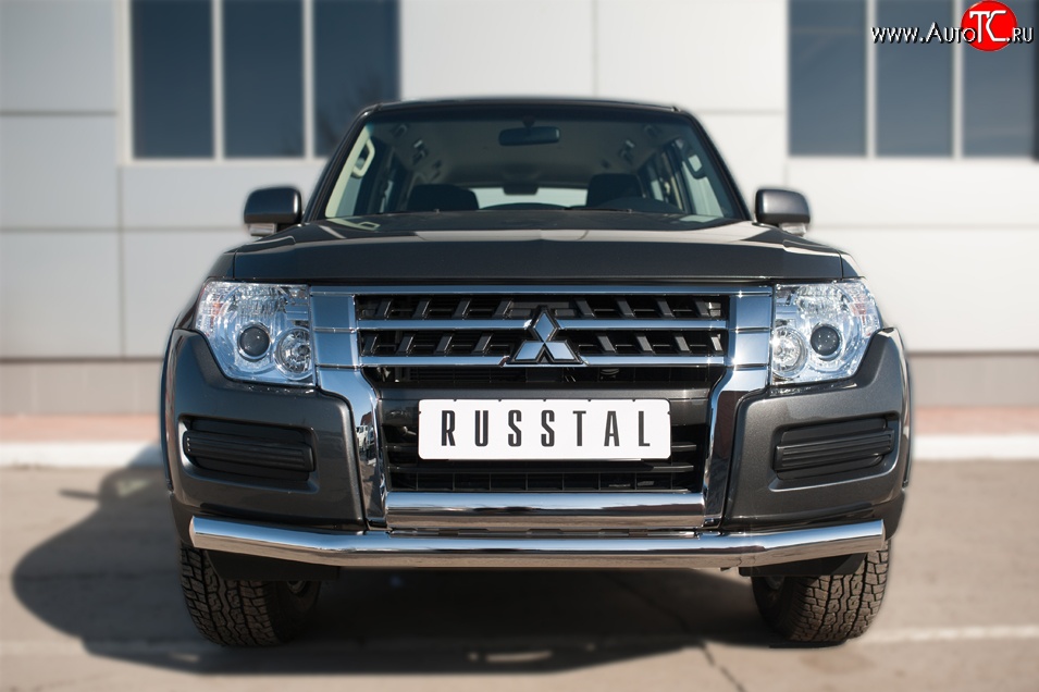 17 799 р. Защита переднего бампера (2 трубы Ø76 и 75х42 мм, нержавейка) Russtal Mitsubishi Pajero 4 V90 2-ой рестайлинг (2014-2020)  с доставкой в г. Вологда