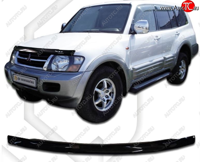 2 079 р. Дефлектор капота CA-Plastic Mitsubishi Pajero 3 V70 дорестайлинг (1999-2003) (Classic черный, Без надписи)  с доставкой в г. Вологда