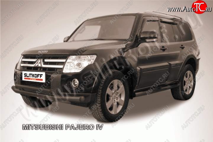 11 299 р. Защита переднего бампер Slitkoff Mitsubishi Pajero 4 V80 дорестайлинг (2006-2011) (Цвет: серебристый)  с доставкой в г. Вологда