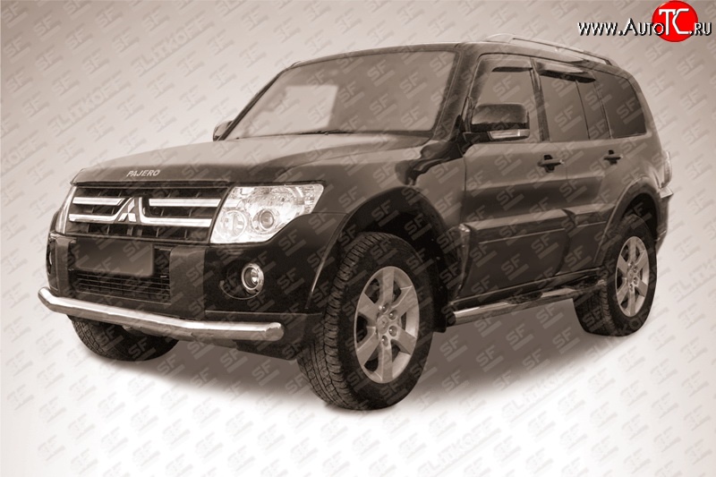 13 499 р. Одинарная защита переднего бампера из трубы диаметром 76 мм Slitkoff Mitsubishi Pajero 4 V80 дорестайлинг (2006-2011) (Нержавейка, Полированная)  с доставкой в г. Вологда